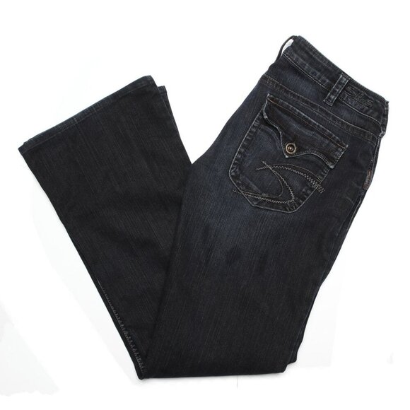 Silver Pioneer Bootcut Flare Jeans Stretch Low-Mid Rise Dark Wash Denim Indigo - Picture 4 of 10
